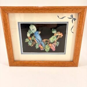 Vintage MCM 3D Blue Bird Wall Art Chalkware/Resin Relief Framed Shadow Box Decor